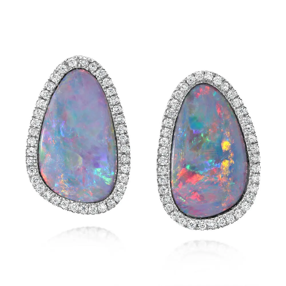 14K White Gold Australian Opal Doublet/Diamond Earrings 14K White Gold Australian Opal Doublet/Diamond Earrings