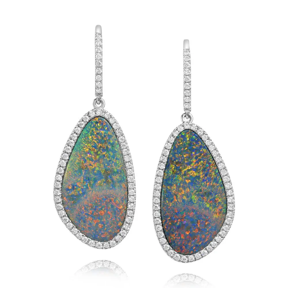 14K White Gold Australian Opal Doublet/Diamond Earrings