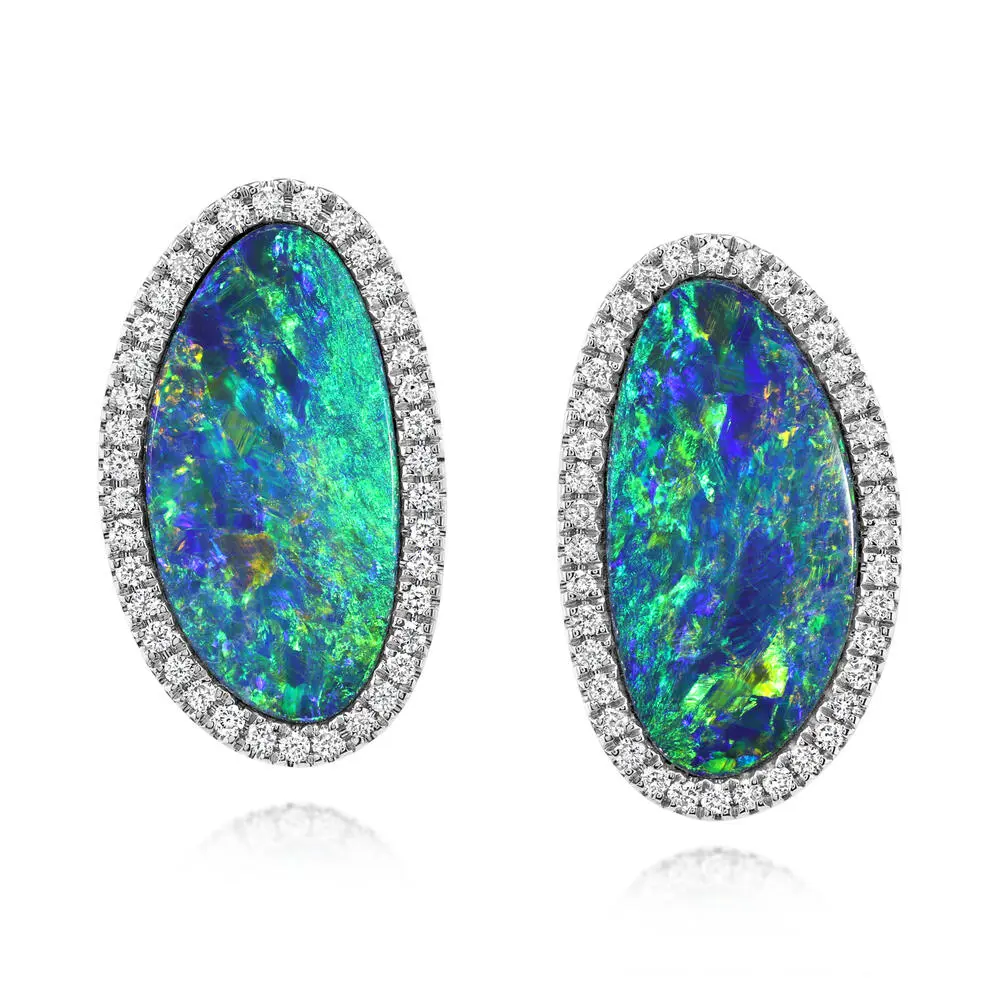 14K White Gold Australian Opal Doublet/Diamond Earrings 14K White Gold Australian Opal Doublet/Diamond Earrings