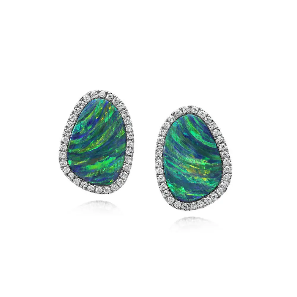 14K White Gold Australian Opal Doublet/Diamond Earrings 14K White Gold Australian Opal Doublet/Diamond Earrings