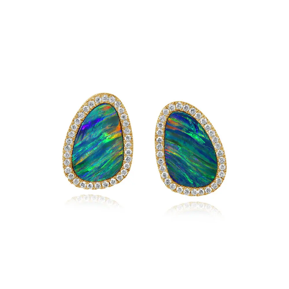 14K Yellow Gold Australian Opal Doublet/Diamond Earrings