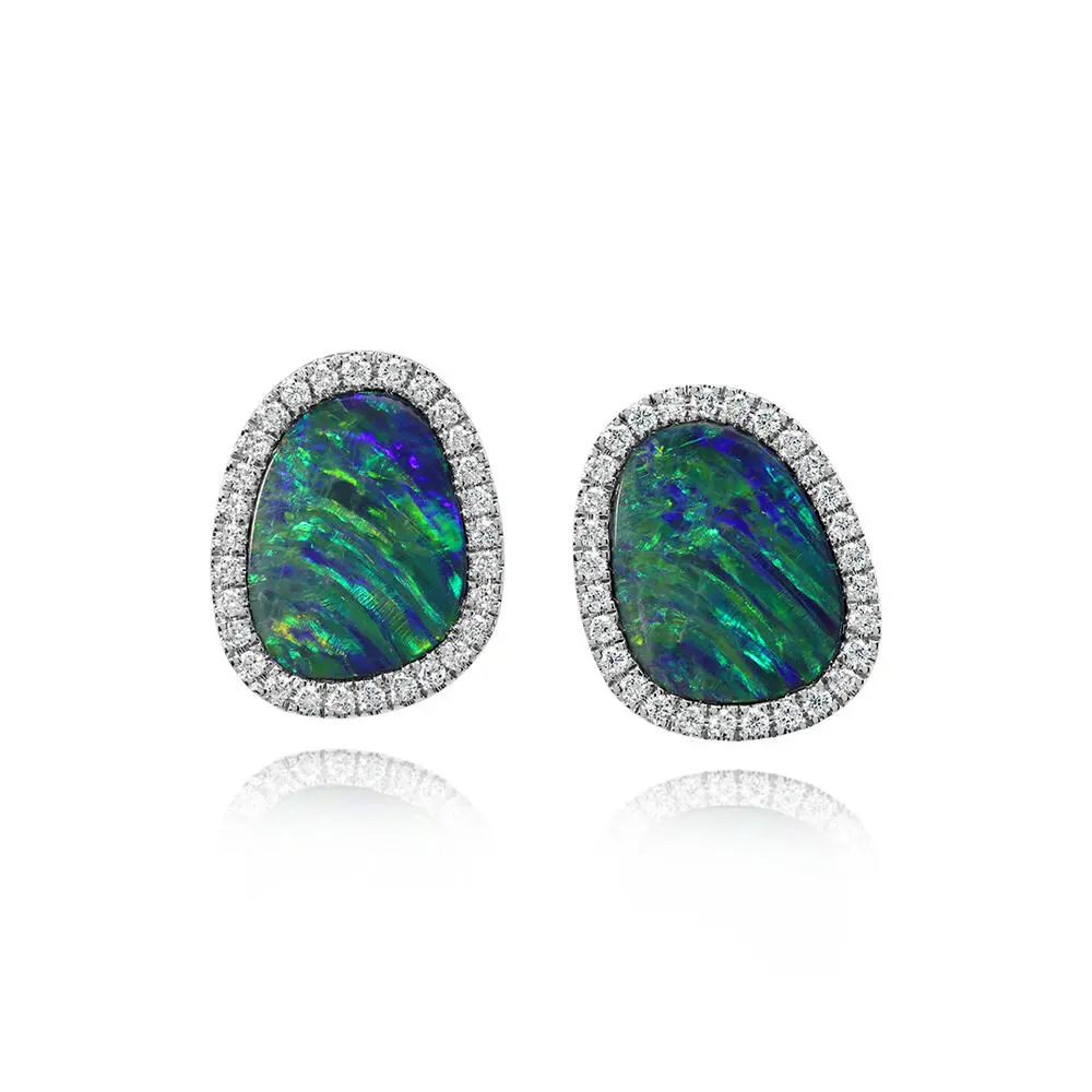 14K White Gold Australian Opal Doublet/Diamond Earrings 14K White Gold Australian Opal Doublet/Diamond Earrings