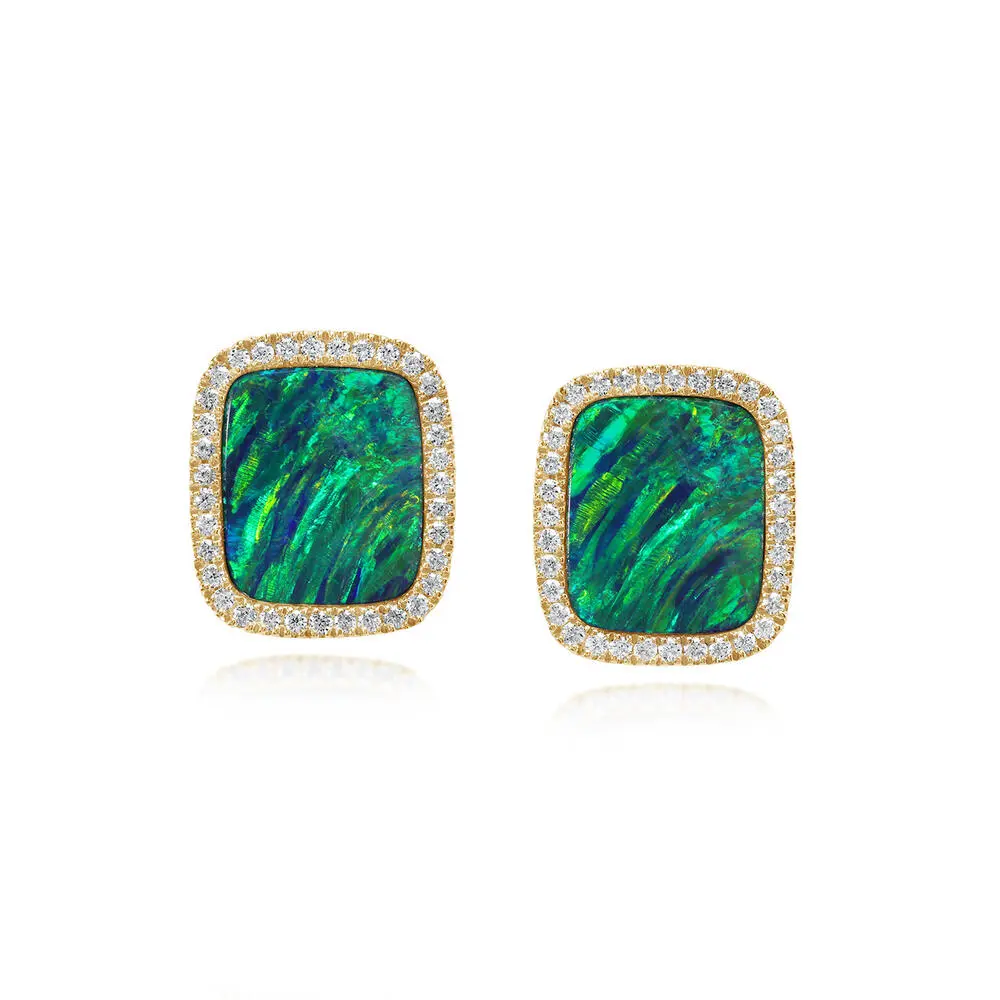 14K Yellow Gold Australian Opal Doublet/Diamond Earrings