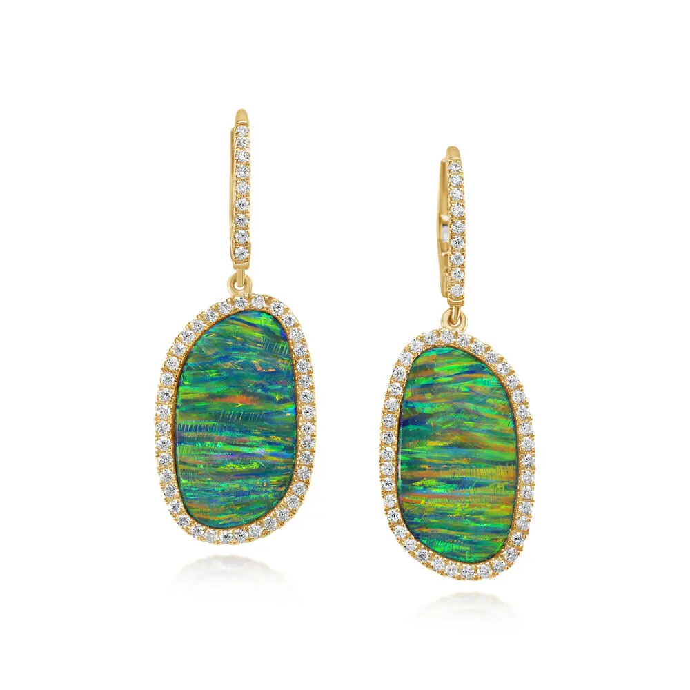 14K Yellow Gold Australian Opal Doublet/Diamond Earrings 14K Yellow Gold Australian Opal Doublet/Diamond Earrings