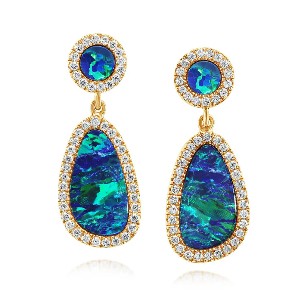 14K Yellow Gold Australian Opal Doublet/Diamond Earrings 14K Yellow Gold Australian Opal Doublet/Diamond Earrings
