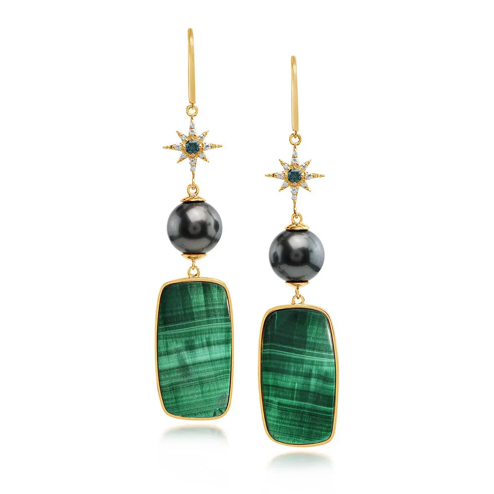 14K Yellow Gold Malachite/Tahitian Pearl/Montana Sapphire Earrings 14K Yellow Gold Malachite/Tahitian Pearl/Montana Sapphire Earrings