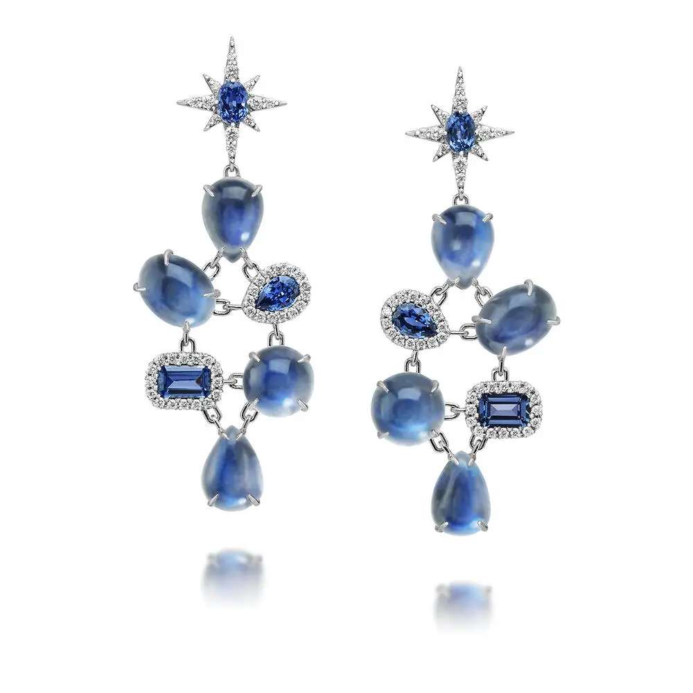 Platinum Moonstone/Yogo Sapphire/Diamond Earrings Platinum Moonstone/Yogo Sapphire/Diamond Earrings