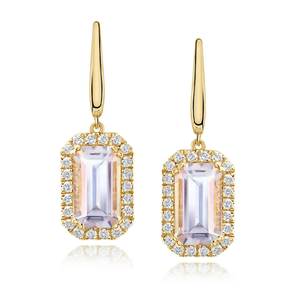 18K Yellow Gold Rainbow Moonstone/Diamond Earrings