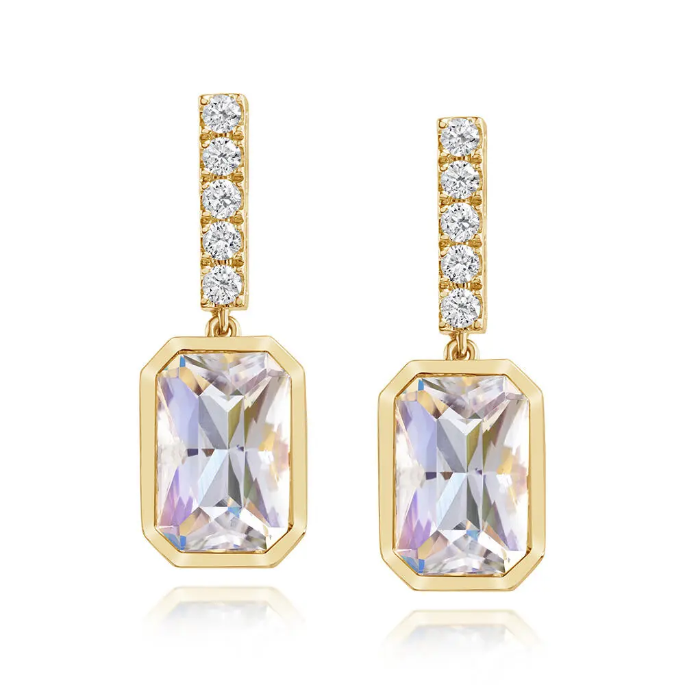 18K Yellow Gold Rainbow Moonstone/Diamond Earrings