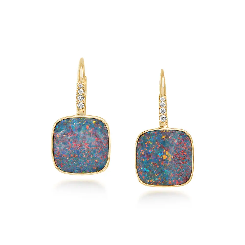 14K Yellow Gold Australian Opal Doublet/Diamond Earrings 14K Yellow Gold Australian Opal Doublet/Diamond Earrings