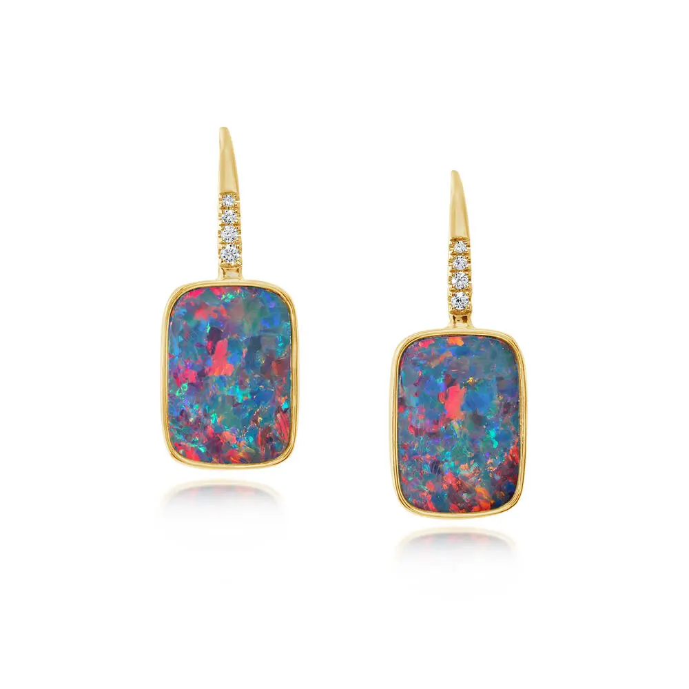 14K Yellow Gold Australian Opal Doublet/Diamond Earrings