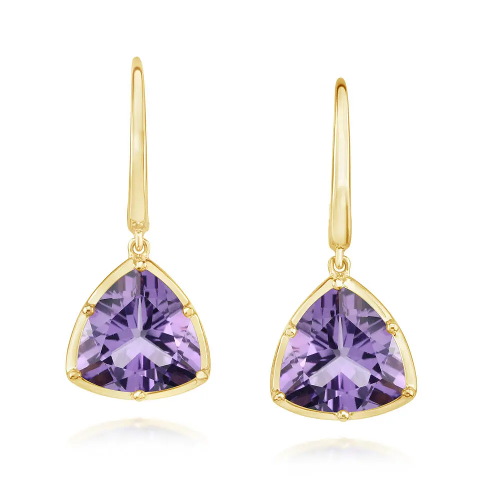 14K Yellow Gold 10mm Trillion Amethyst Earrings