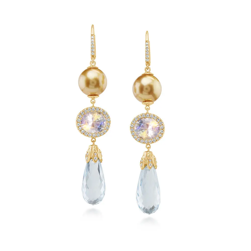 18K Yellow Gold Aquamarine/Rainbow Moonstone/Golden South Sea Pearl/Diamond Earrings