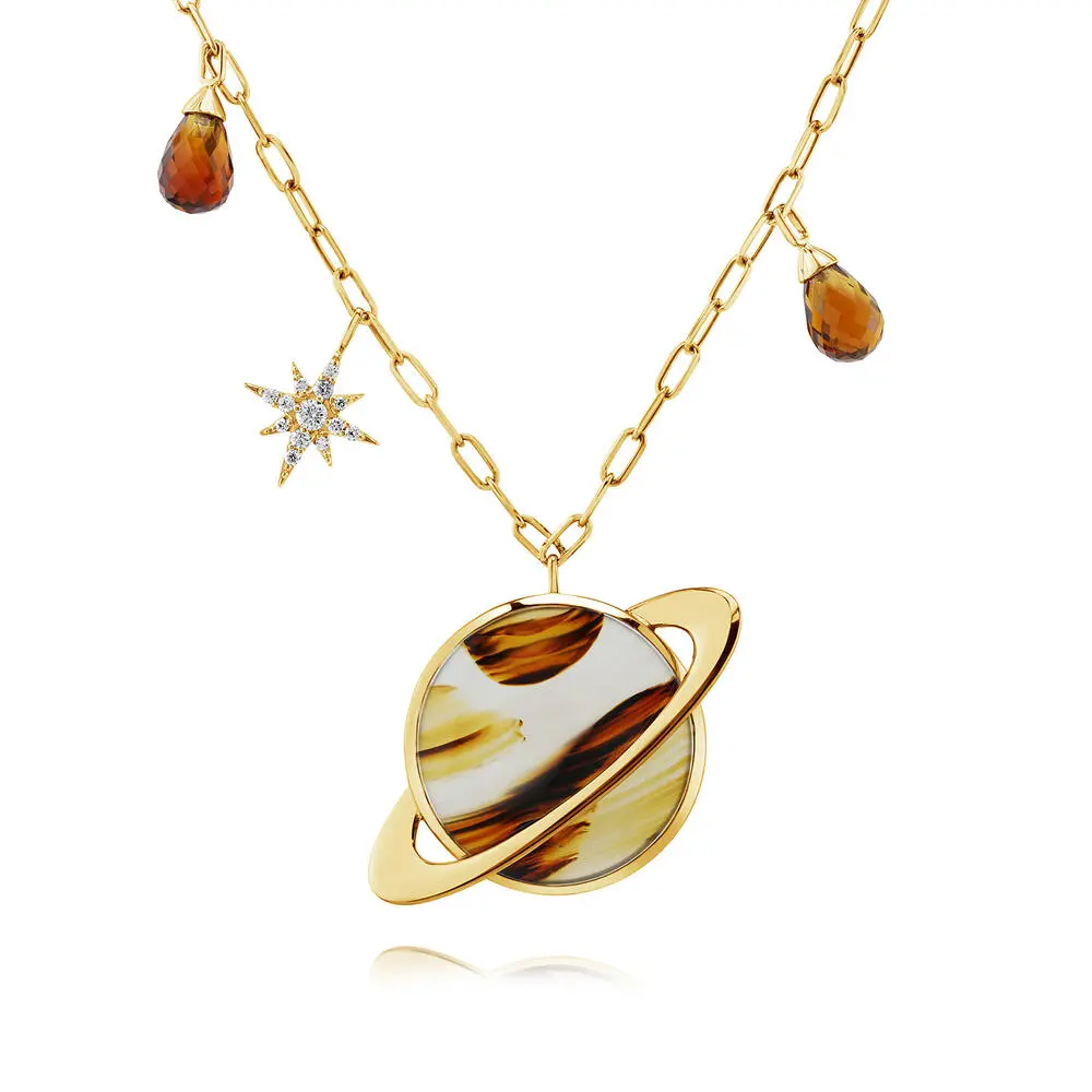 14K Yellow Gold Montana Agate/Fire Citrine/Diamond Saturn Neckpiece