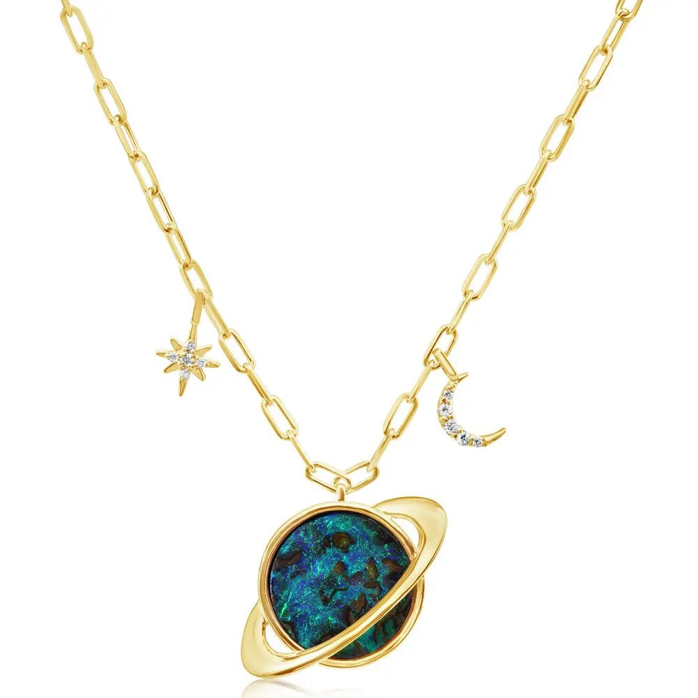 14K Yellow Gold Australian Opal Doublet/Diamond Saturn Neckpiece 14K Yellow Gold Australian Opal Doublet/Diamond Saturn Neckpiece