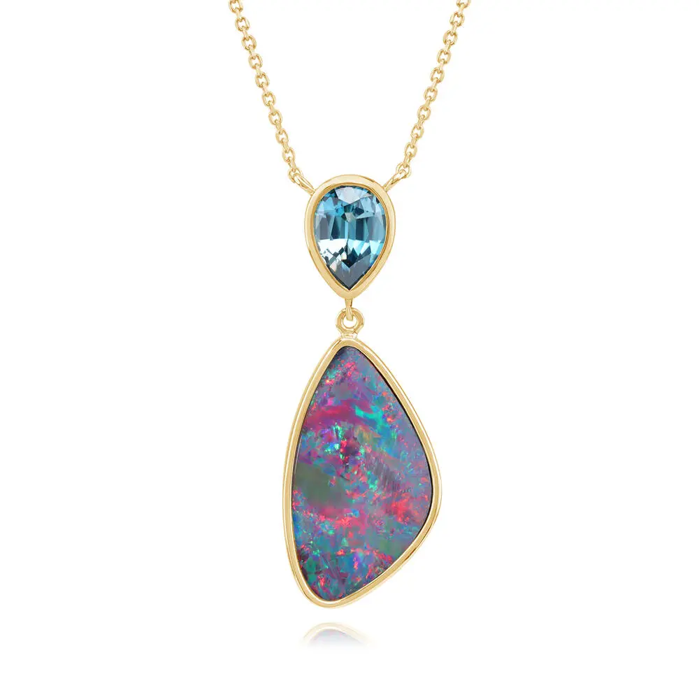 14K Yellow Gold Australian Opal Doublet/Blue Zircon Neckpiece ,