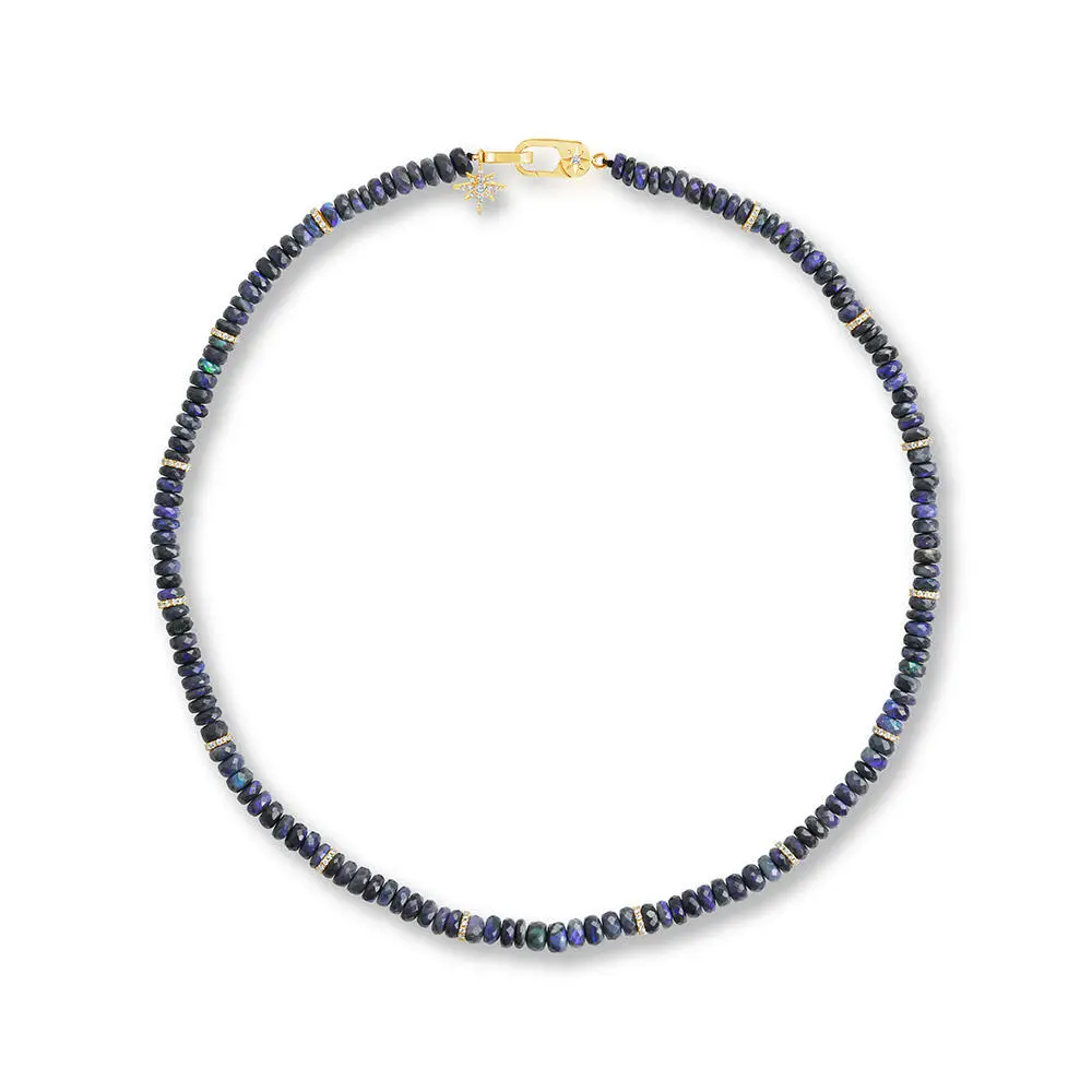 14K Yellow Gold 5-5.5mm Faceted Rondelle Australian Black Opal/Diamond Strand Necklace