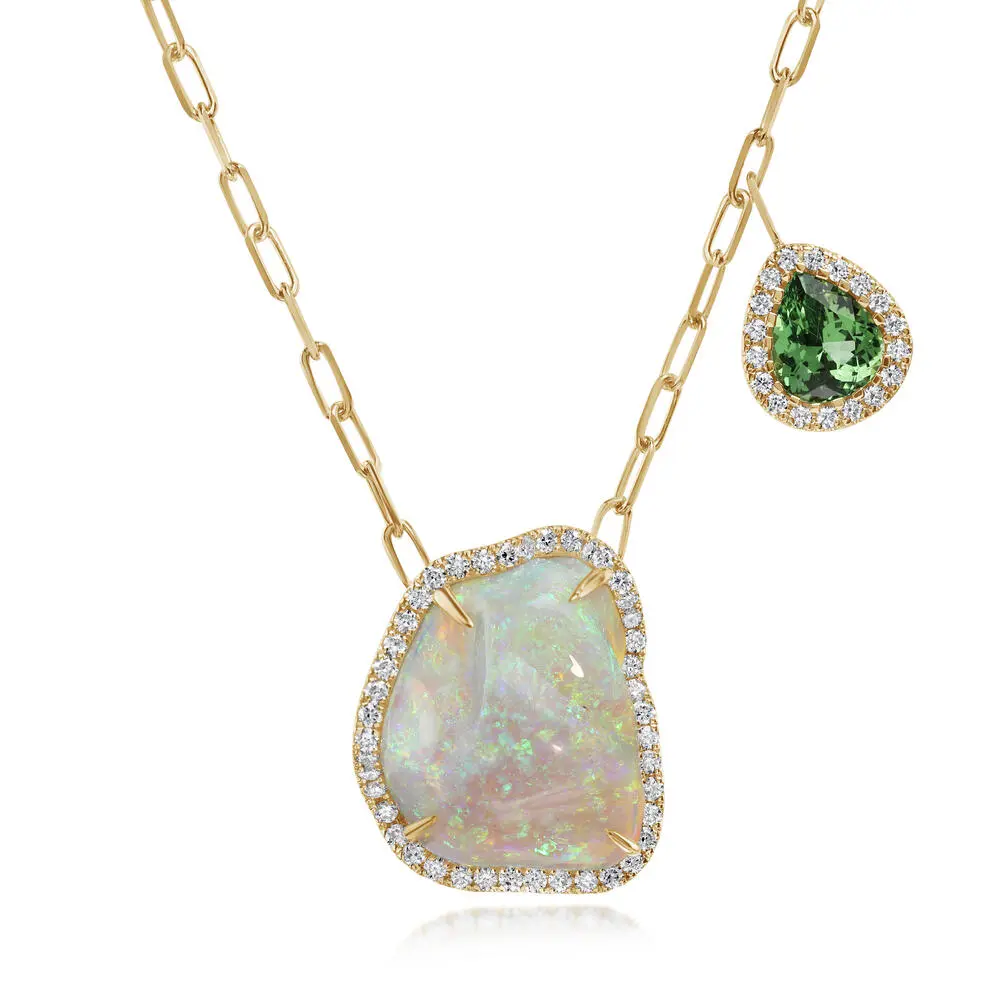 18K Yellow Gold Australian Opal/Mint Garnet/Diamond Neckpiece 18K Yellow Gold Australian Opal/Mint Garnet/Diamond Neckpiece