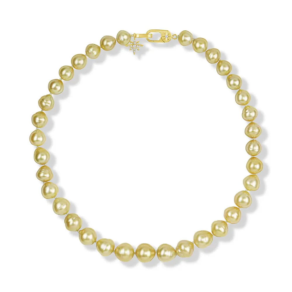 14K Yellow Gold 13.5 - 11mm Baroque Golden South Sea Pearl/Diamond Strand
