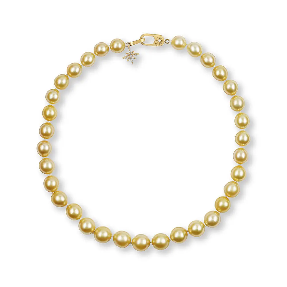 14K Yellow Gold 13.3 - 11mm Near Round Golden South Sea Pearl/Diamond Strand Necklace
