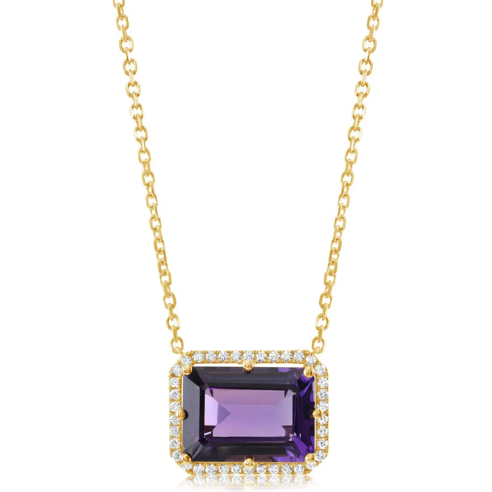 14K Yellow Gold 14x10 Octagon Amethyst/Diamond Neckpiece