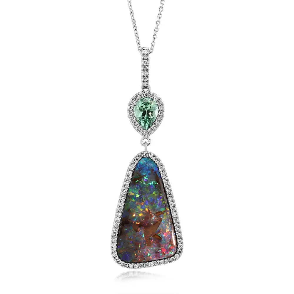 Platinum Australian Boulder Opal/Mint Garnet/Diamond Pendant Platinum Australian Boulder Opal/Mint Garnet/Diamond Pendant