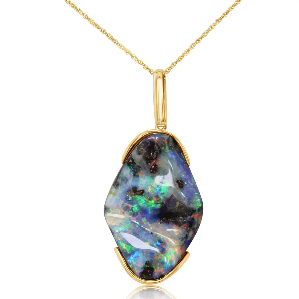 14K Yellow Gold Half Bezel Australian Boulder Opal Pendant