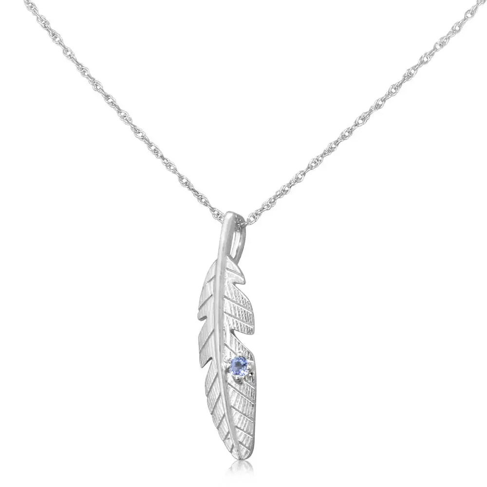 14K White Gold Yogo Sapphire Feather Pendant