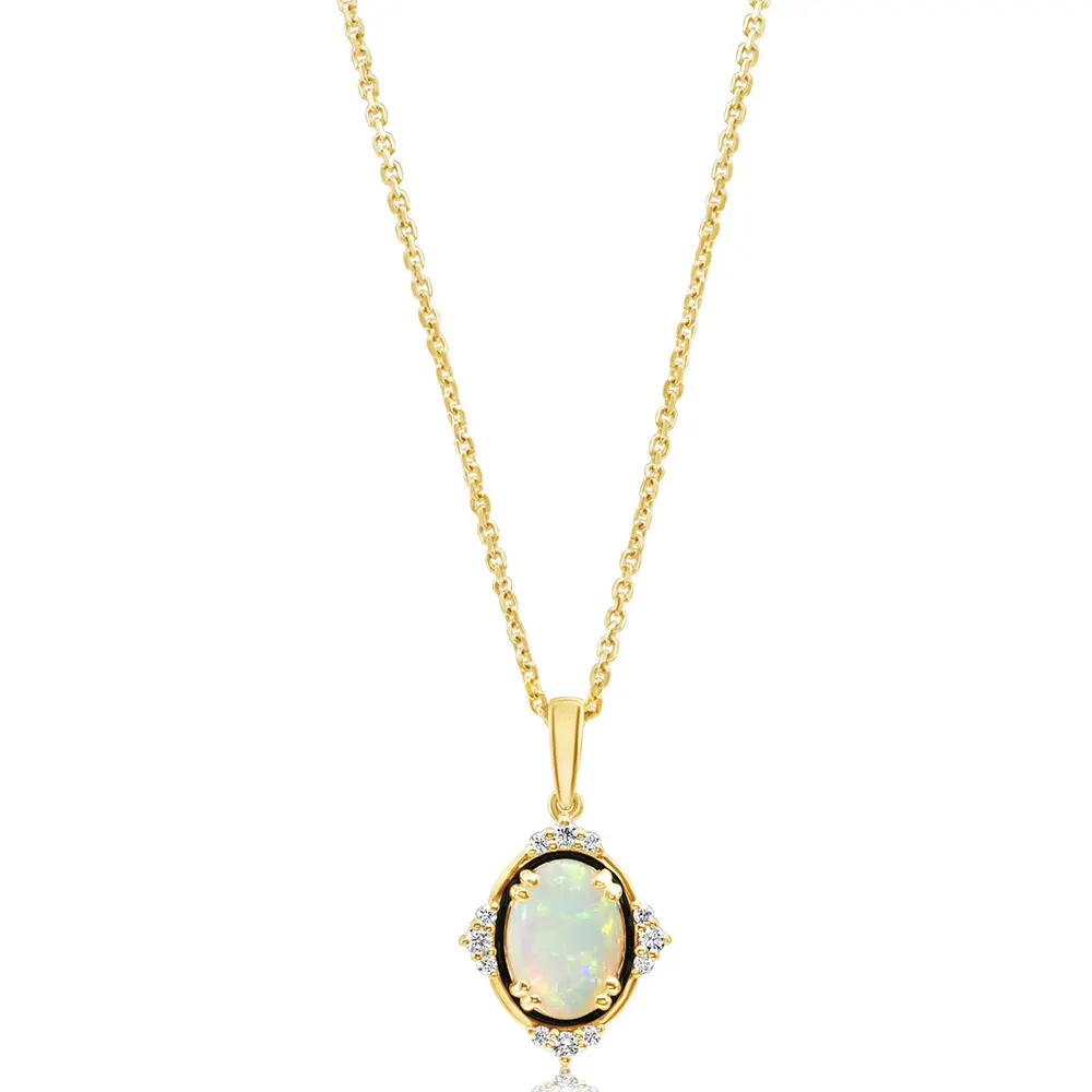 14K Yellow Gold Australian Opal/ Diamond Pendant with Black Enamel 14K Yellow Gold Australian Opal/ Diamond Pendant with Black Enamel