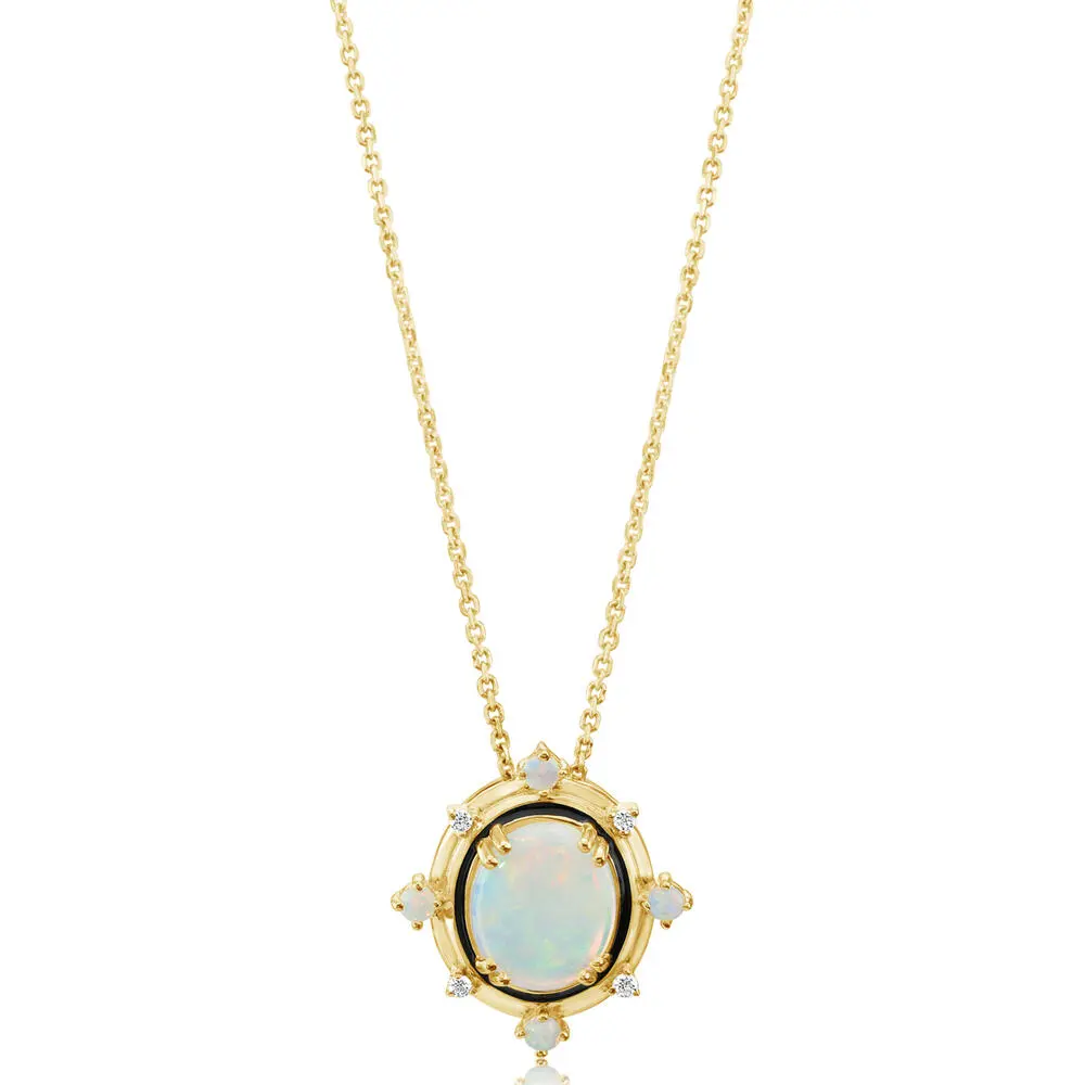 14K Yellow Gold Australian Opal/ Diamond Pendant with Black Enamel