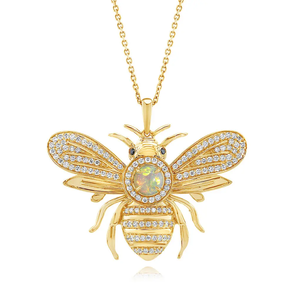 14K Yellow Gold Australian Opal/Diamond/Black Diamond Bee Pendant