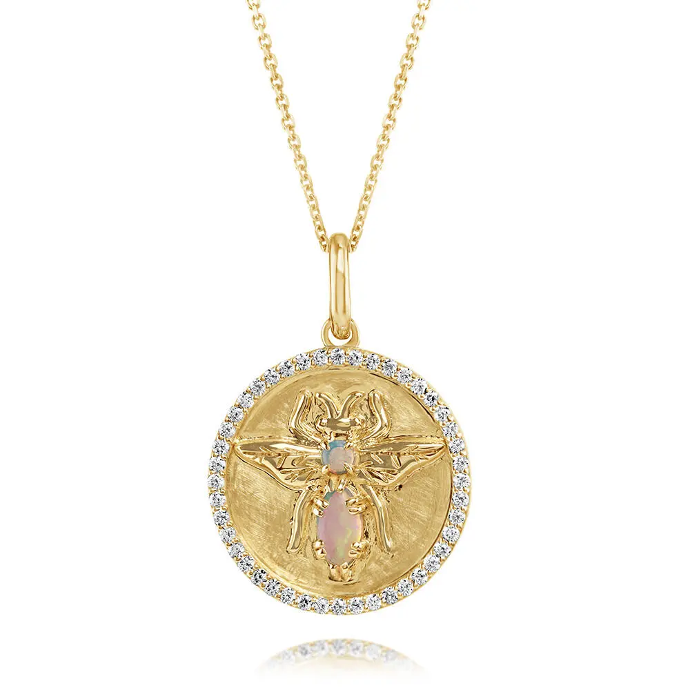 14K Yellow Gold Australian Opal/Diamond Bee Medallion Pendant
