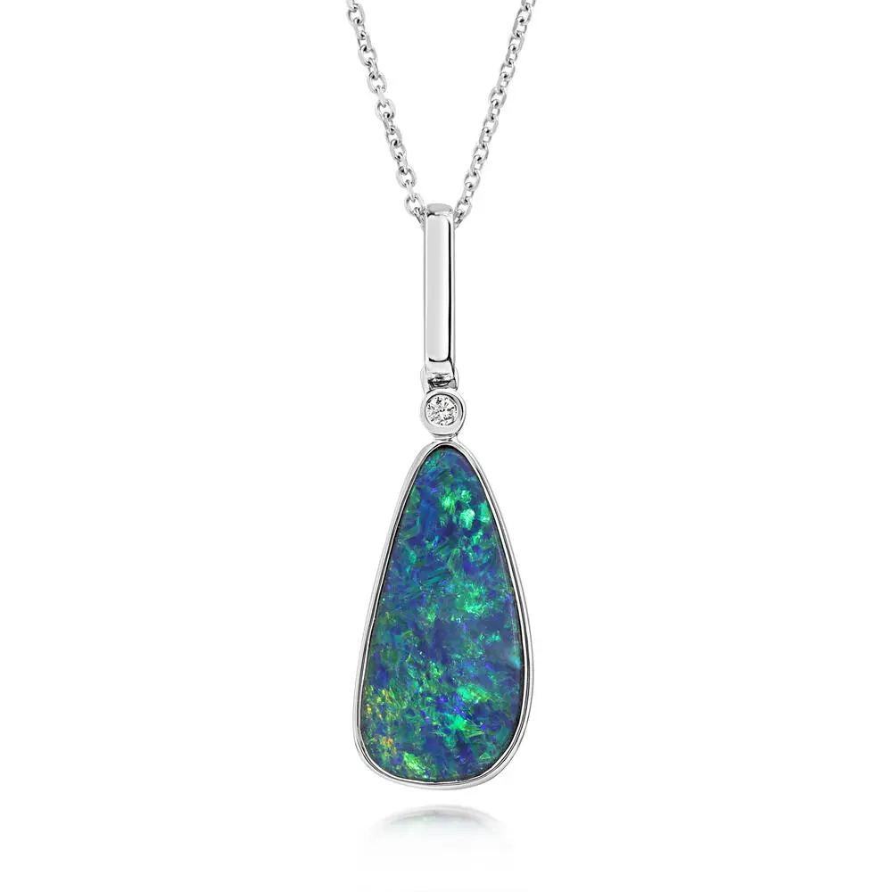 14K White Gold Australian Opal Doublet/Diamond Pendant with Paperclip Bail