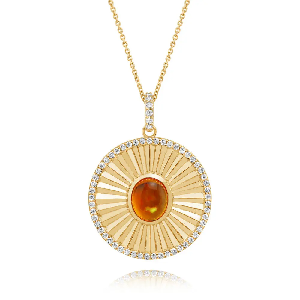 14K Yellow Gold Mexican Fire Opal/Diamond Medallion Pendant