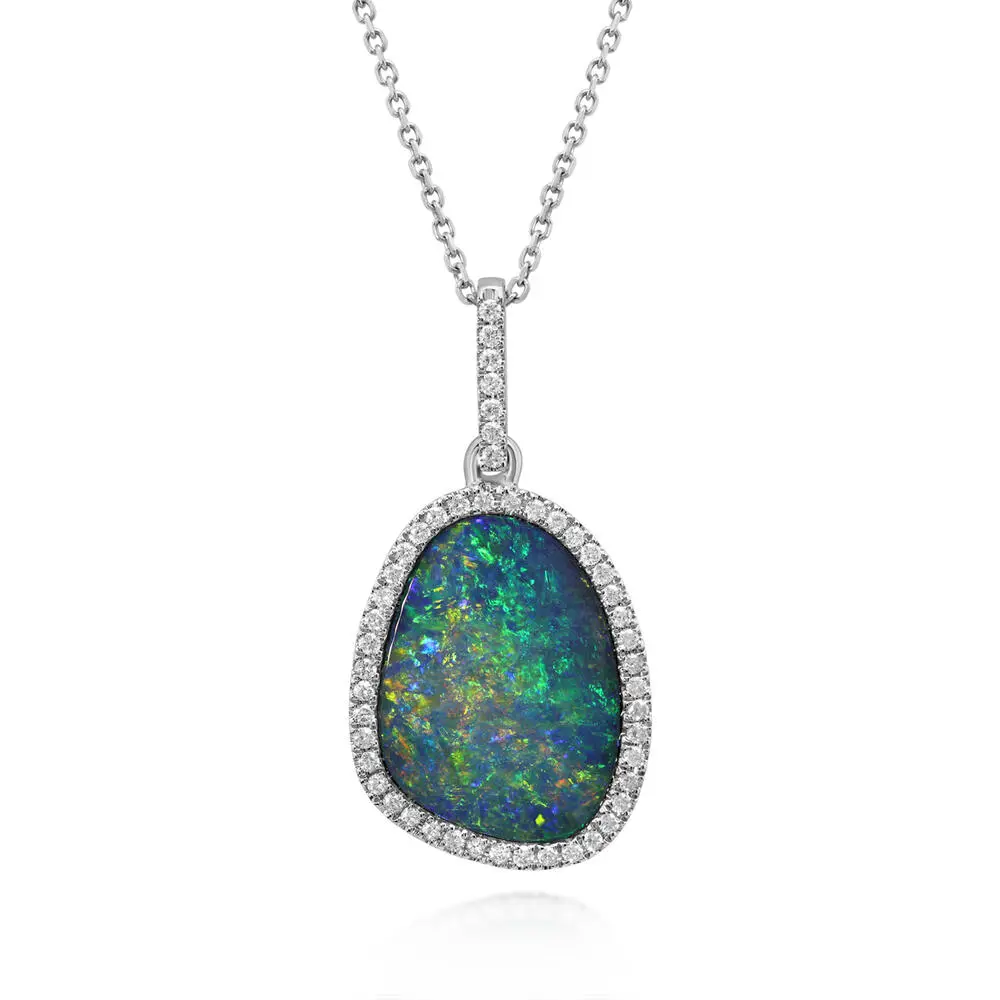 14K White Gold Australian Opal Doublet/Diamond Pendant