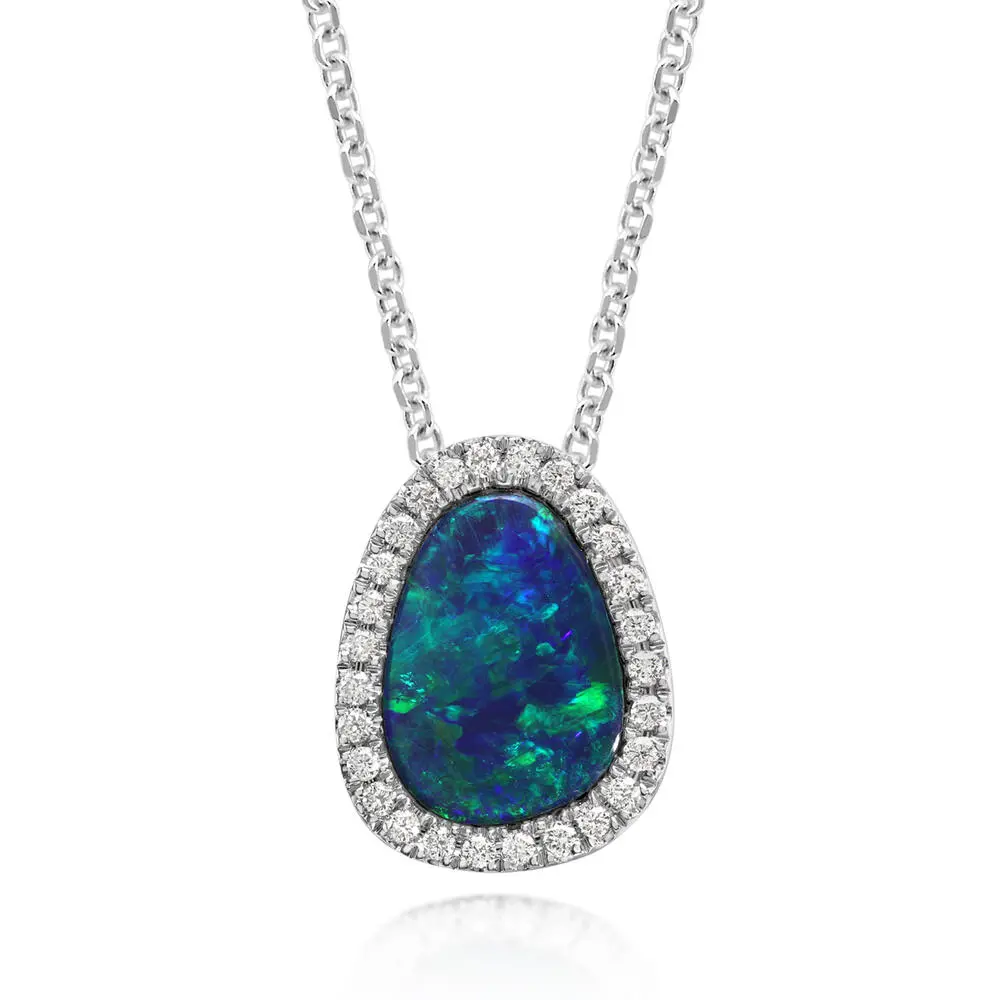 14K White Gold Australian Opal Doublet/Diamond Pendant 14K White Gold Australian Opal Doublet/Diamond Pendant