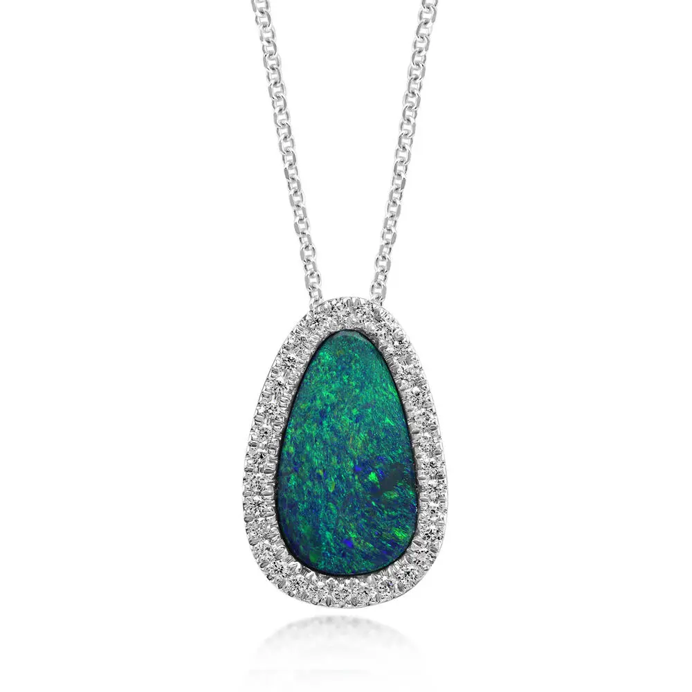 14K White Gold Australian Opal Doublet/Diamond Pendant