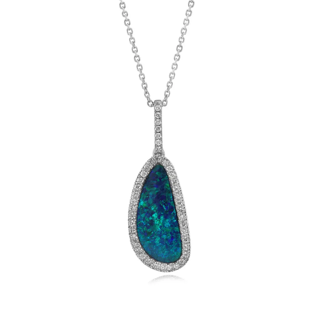 14K White Gold Australian Opal Doublet/Diamond Pendant 14K White Gold Australian Opal Doublet/Diamond Pendant