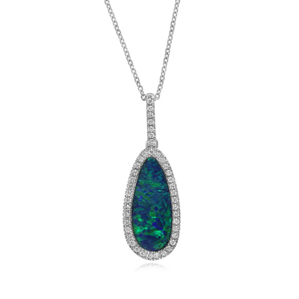 14K White Gold Australian Opal Doublet/Diamond Pendant