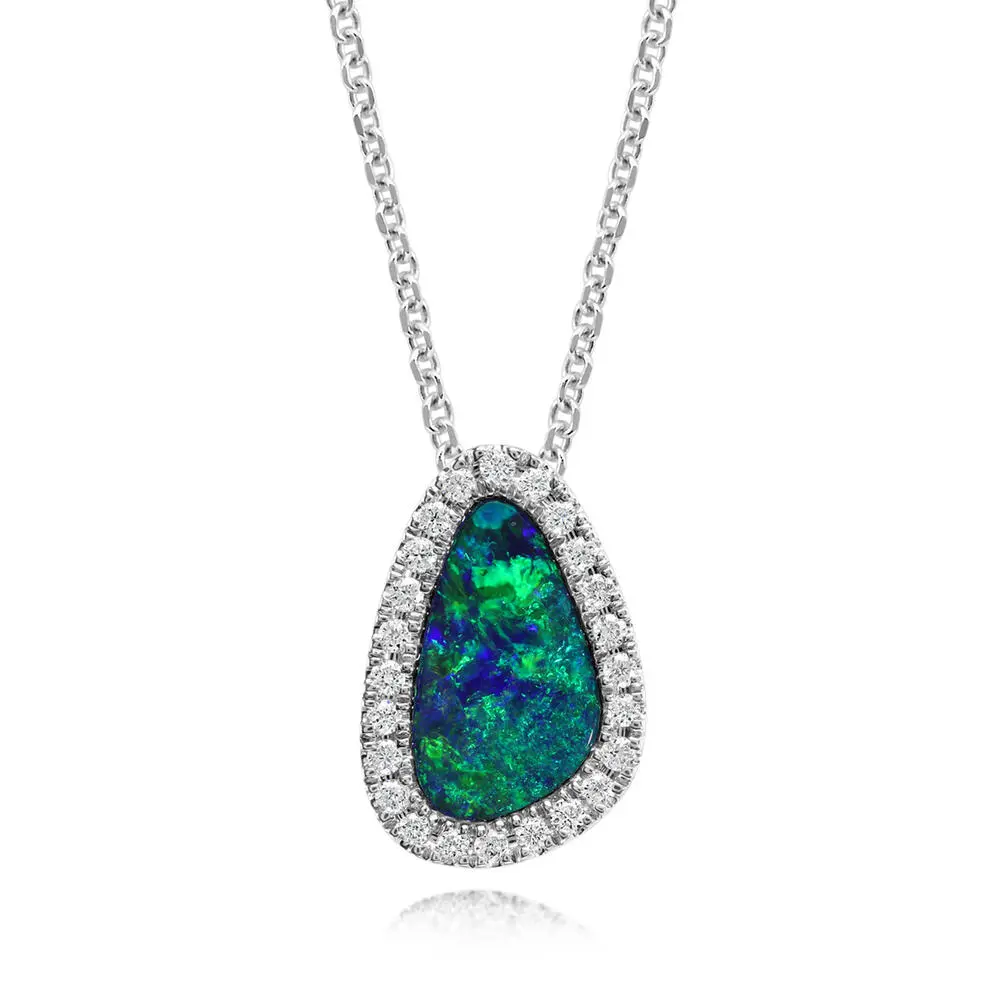 14K White Gold Australian Opal Doublet/Diamond Pendant