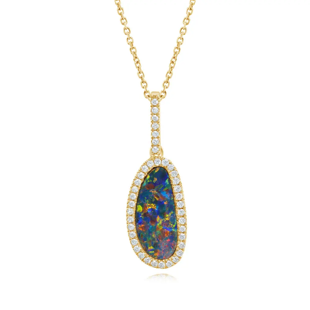 14K Yellow Gold Australian Opal Doublet/Diamond Pendant