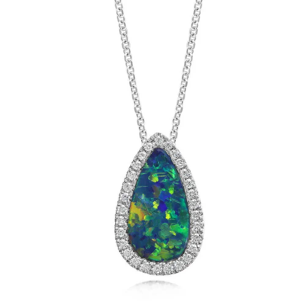 14K White Gold Australian Opal Doublet/Diamond Pendant
