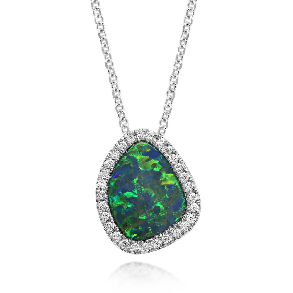 14K White Gold Australian Opal Doublet/Diamond Pendant 14K White Gold Australian Opal Doublet/Diamond Pendant