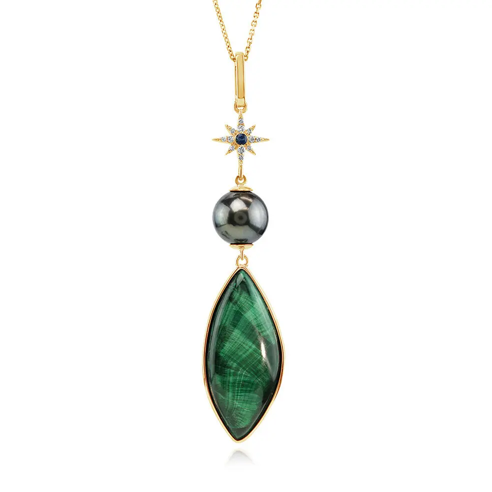 14K Yellow Gold Malachite Cabochon/Tahitian Pearl/Montana Sapphire Pendant