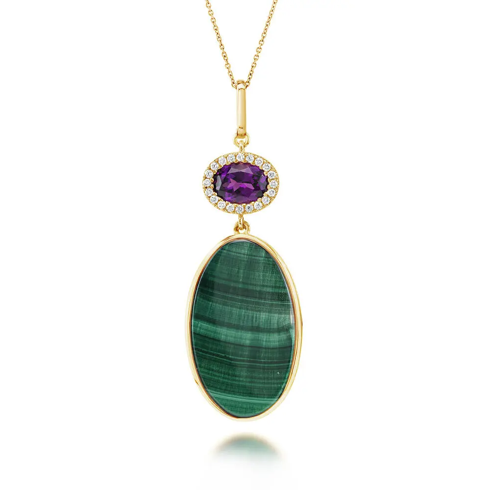 14K Yellow Gold Malachite/Purple Garnet/Diamond Pendant 14K Yellow Gold Malachite/Purple Garnet/Diamond Pendant