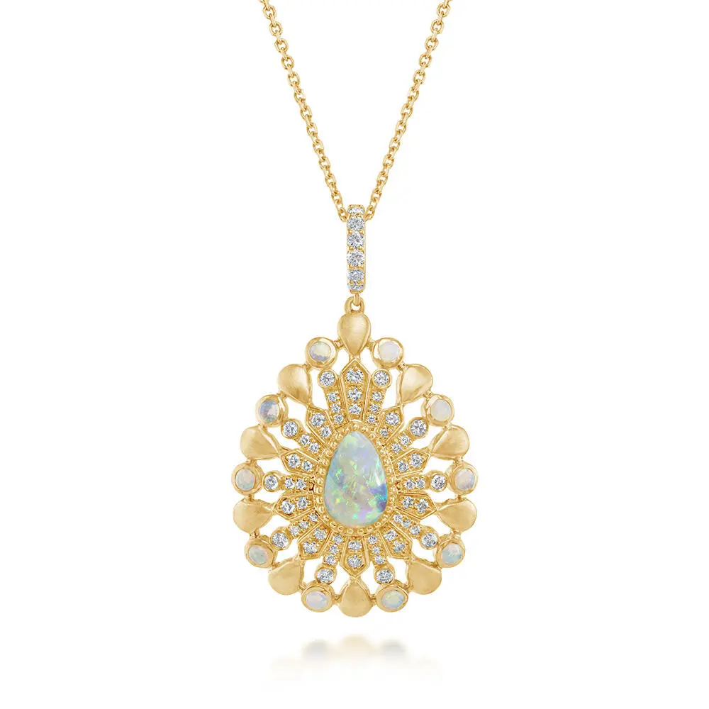 14K Yellow Gold Boulder Crystal Australian Opal/Diamond Pendant
