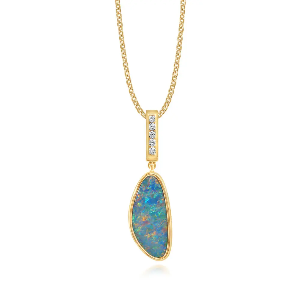 14K Yellow Gold Australian Opal Doublet/Diamond Pendant