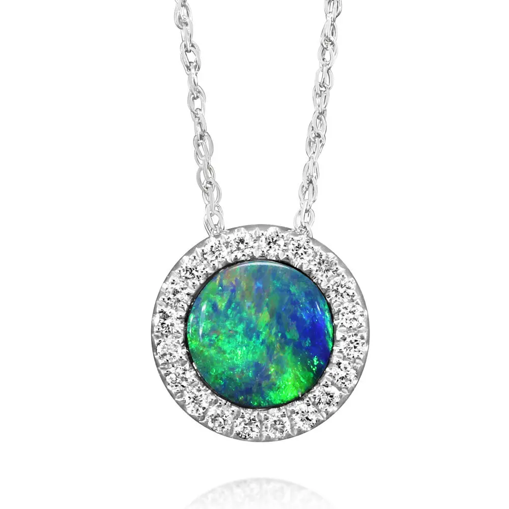 14K White Gold Australian Opal Doublet/Diamond Pendant with Chain