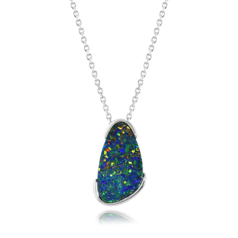 14K White Gold Australian Opal Doublet Pendant