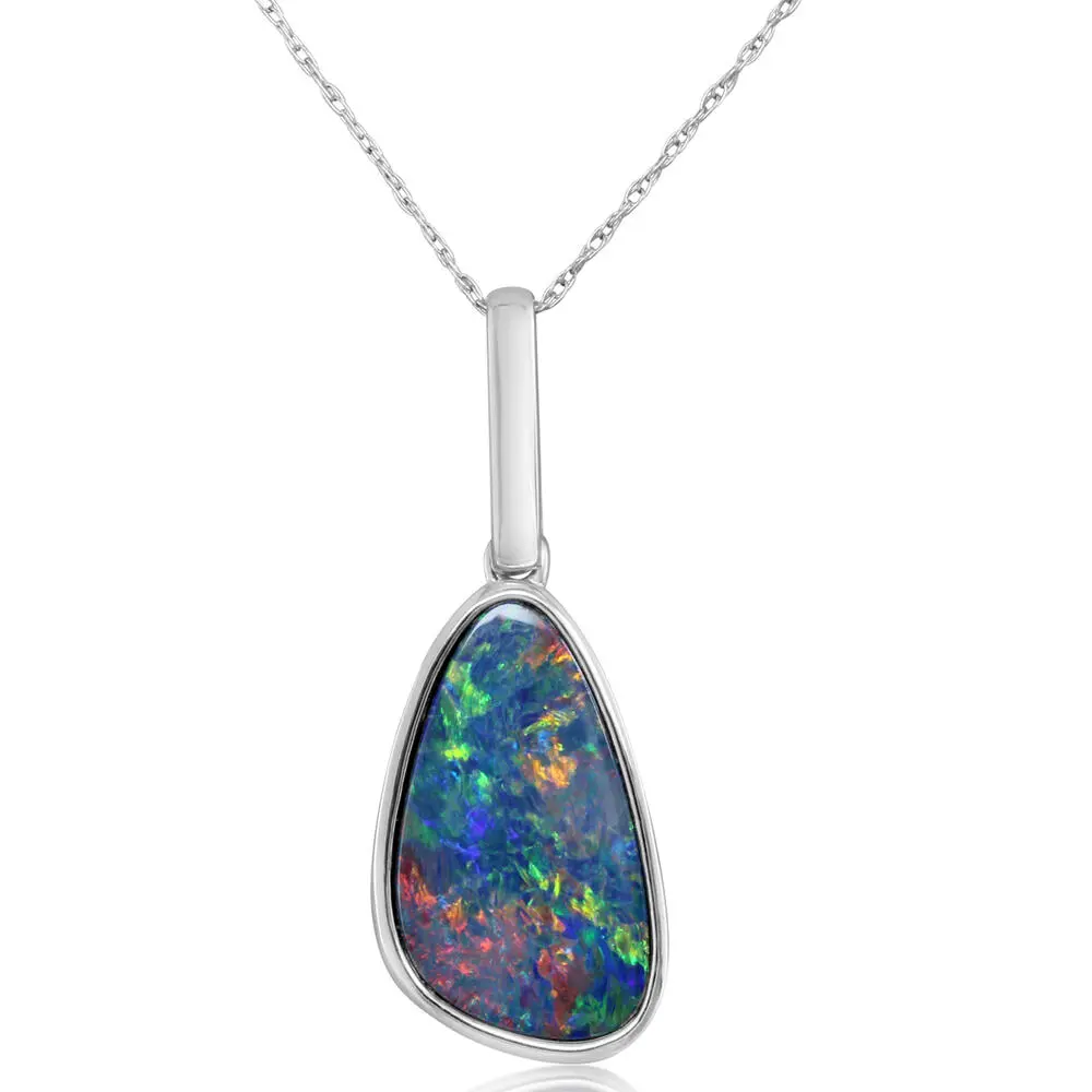 14K White Gold Australian Opal Doublet Pendant